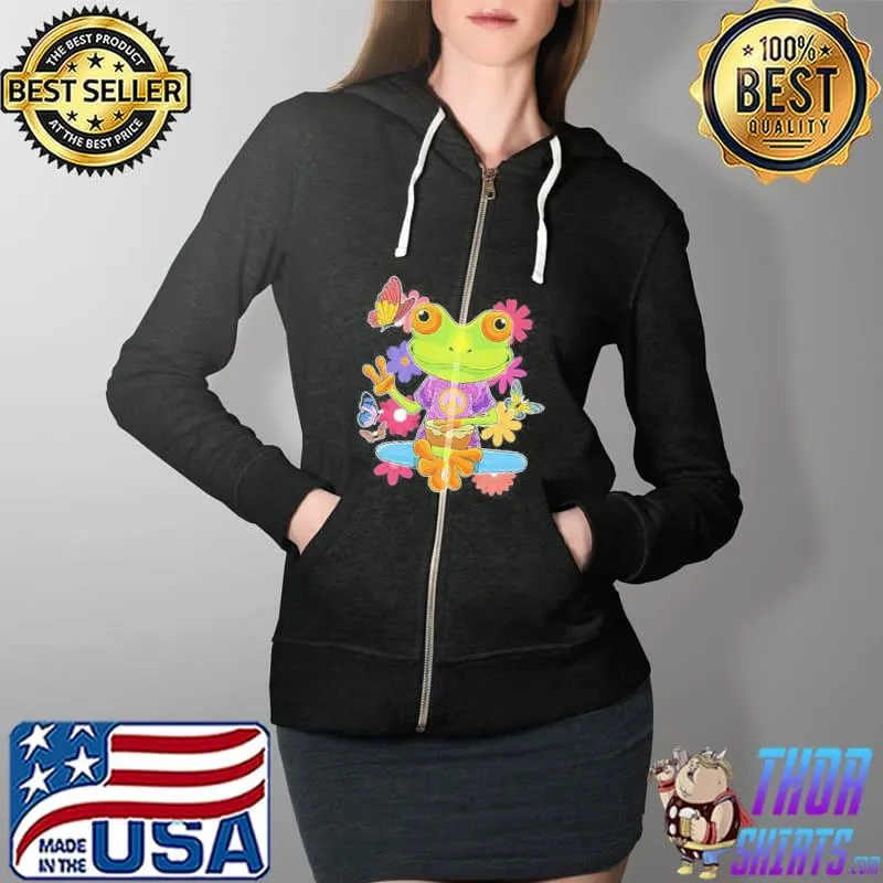 Awesome Peace Hand Sign Hippie Retro Trippy Colorful Frog T- Full Zip Hooded