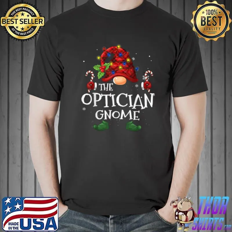 Awesome The Optician Gnome Buffalo Plaid Christmas Tree Light T Shirt Unisex