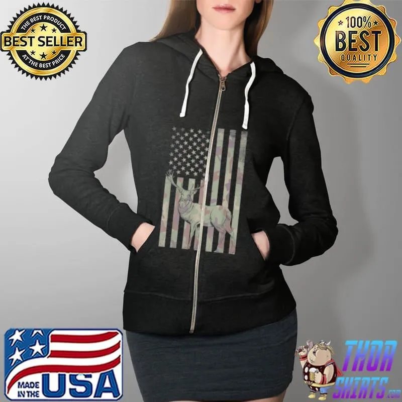 Awesome Whitetail Deer Hunting Buck American Camo USA Flag Shirt Full Zip Hooded