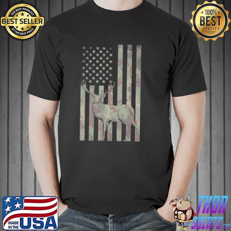 Awesome Whitetail Deer Hunting Buck American Camo USA Flag Shirt Unisex