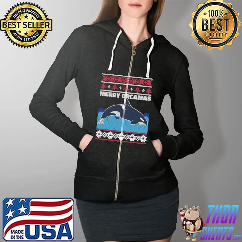 Best Christmas Orca Killer Whale Knit Look Ugly Christmas Sweater Long Sleeve T Shirt Full Zip Hooded
