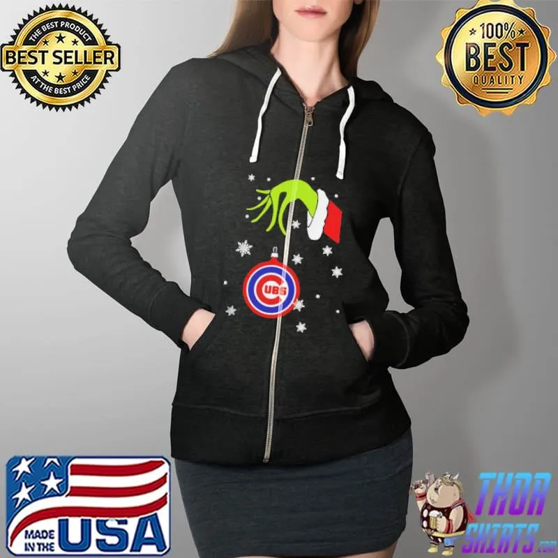 Best Grinch hand holding ornament Chicago Cubs snowflake christmas Full Zip Hooded
