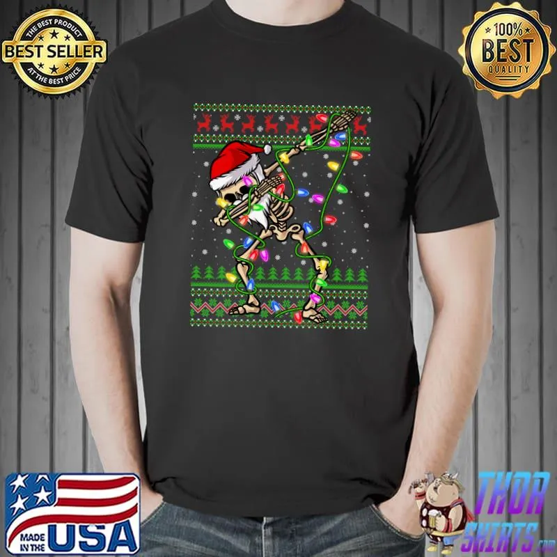 Best xmas Lighting Funny Ugly Skeleton Santa Dabbing Christmas T-Shirt Unisex