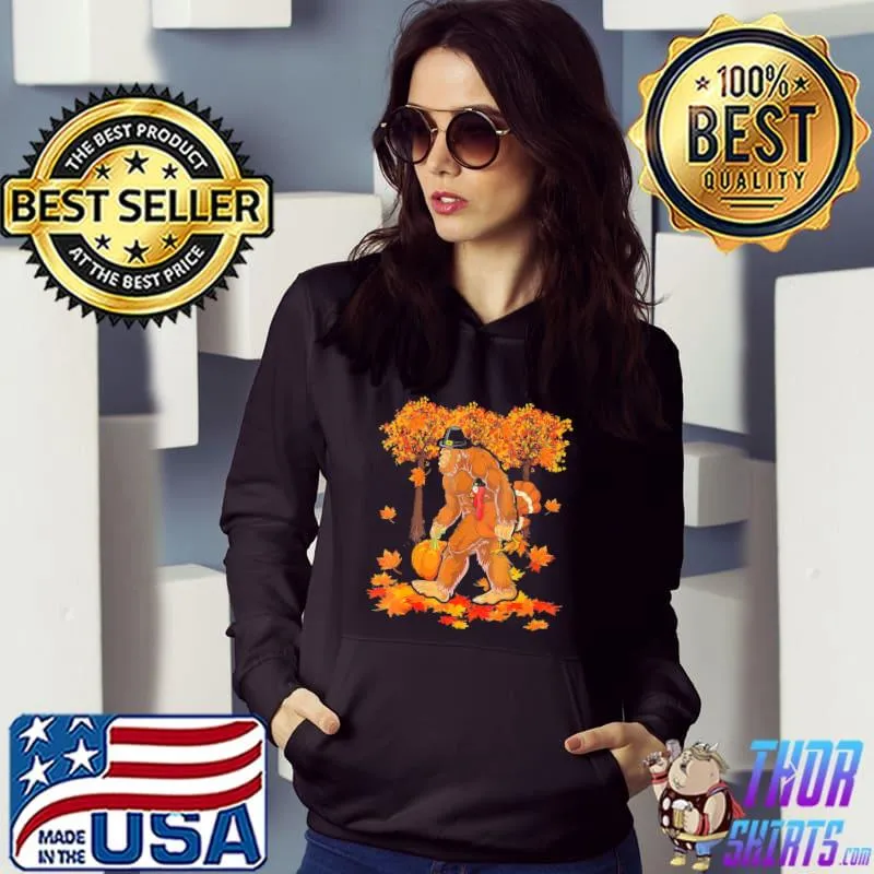 Bigfoot Holding Pumpkin And Turkey Thanksgiving Shirt