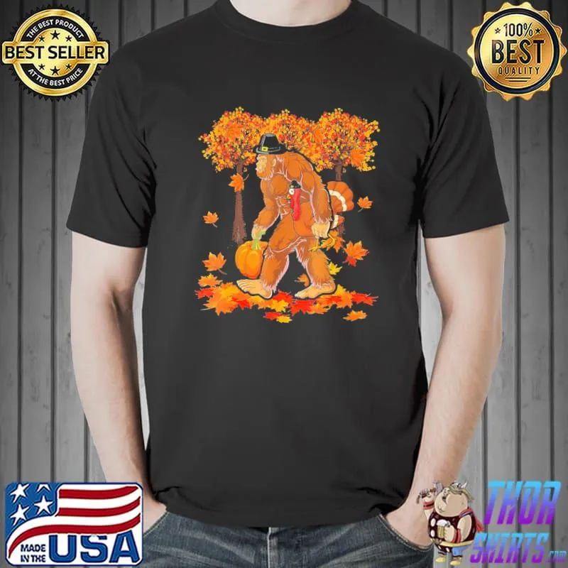 Bigfoot Holding Pumpkin And Turkey Thanksgiving Shirt Unisex