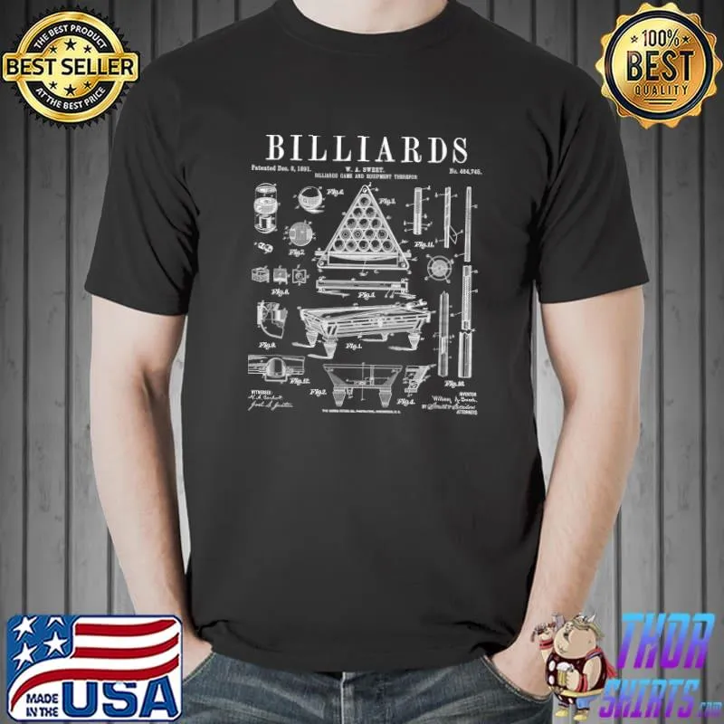 Billiards Table Pool Cue Ball Vintage Patent Drawing Print T-Shirt Unisex
