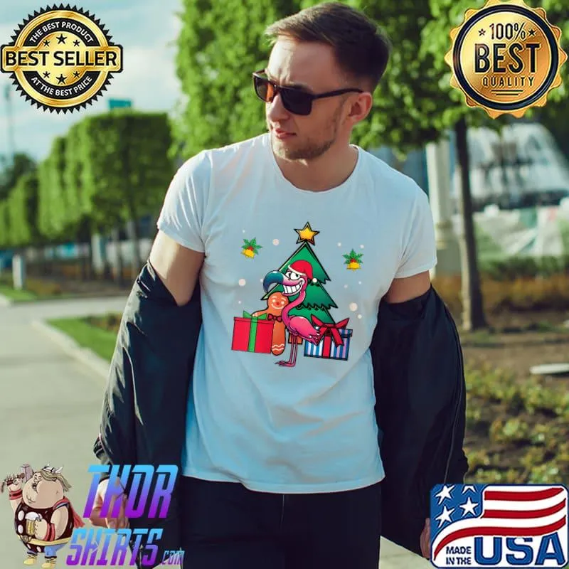 Christmas Tropical Animal Bird Merry Xmas Funny Flamingo T-Shirt Unisex