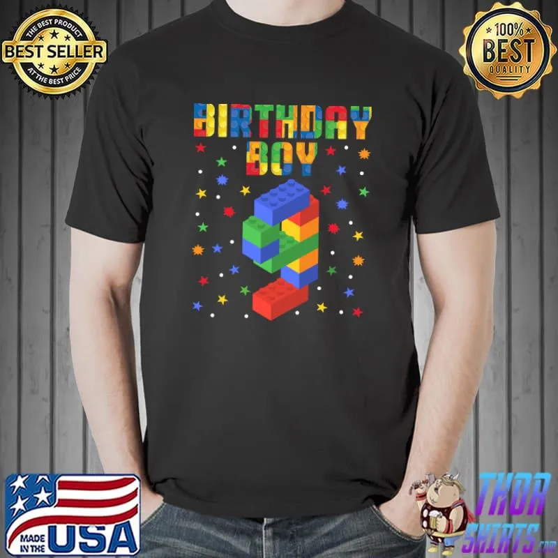 Cute 9th Birthday 9 Year Old Builder Toy Bricks Blocks Kids T-shirt