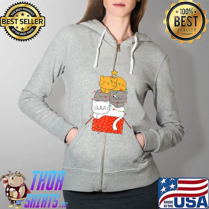 Cute Cats with Christmas Lights and Xmas Box Cat Lover Premium T-Shirt Full Zip Hooded