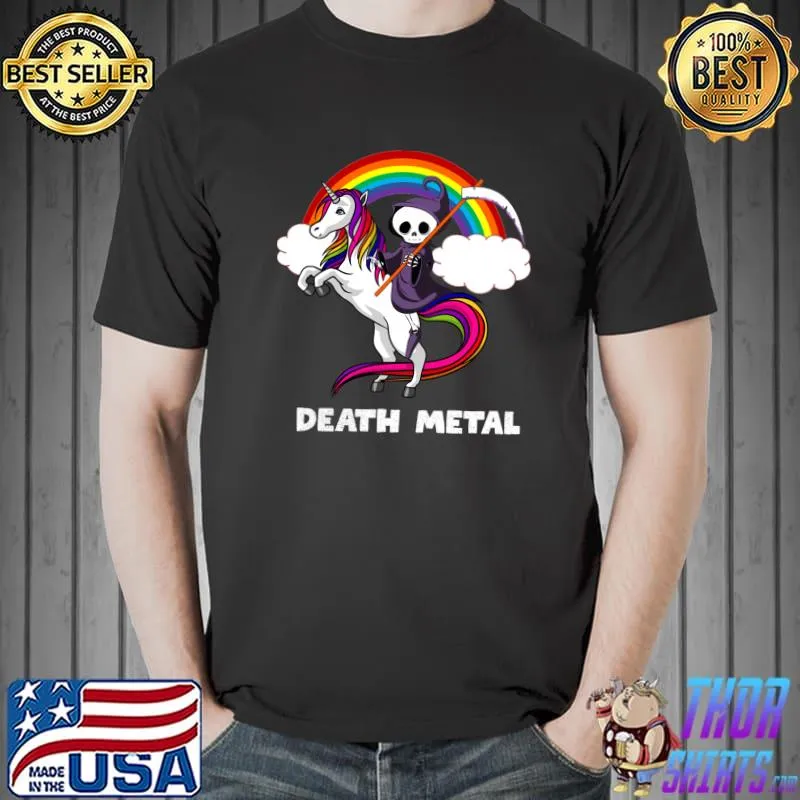 Death Metal Rock Music Rainbow Grim Reaper Riding Unicorn T-s Unisex