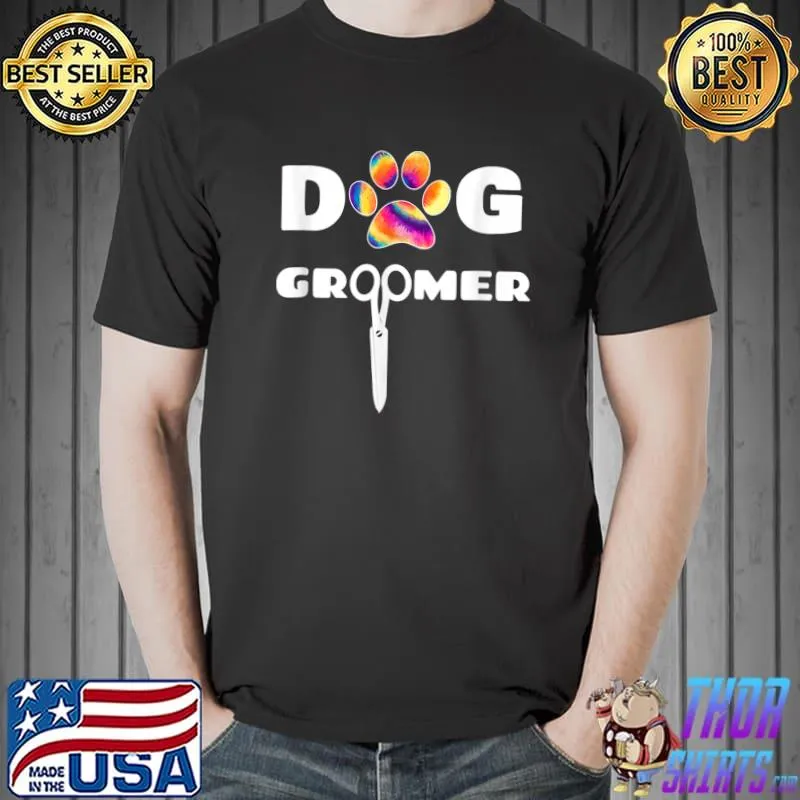 Dog Groomer Tie Dye Paw Print Dog Scissors Funny T-Shirt Unisex
