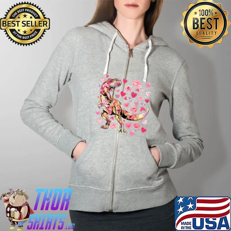 Floral Dinosaur Lovers T Rex Girls T-s Full Zip Hooded