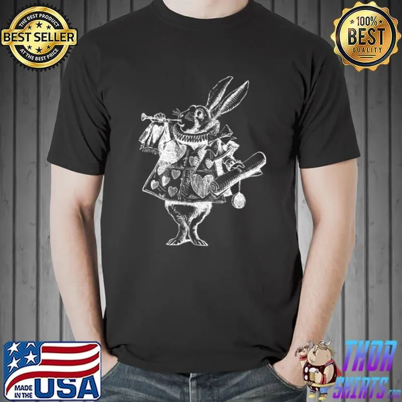 Funny alice In Wonderland Rabbit Art Drawing White Outline Vintage T-Shirt Unisex