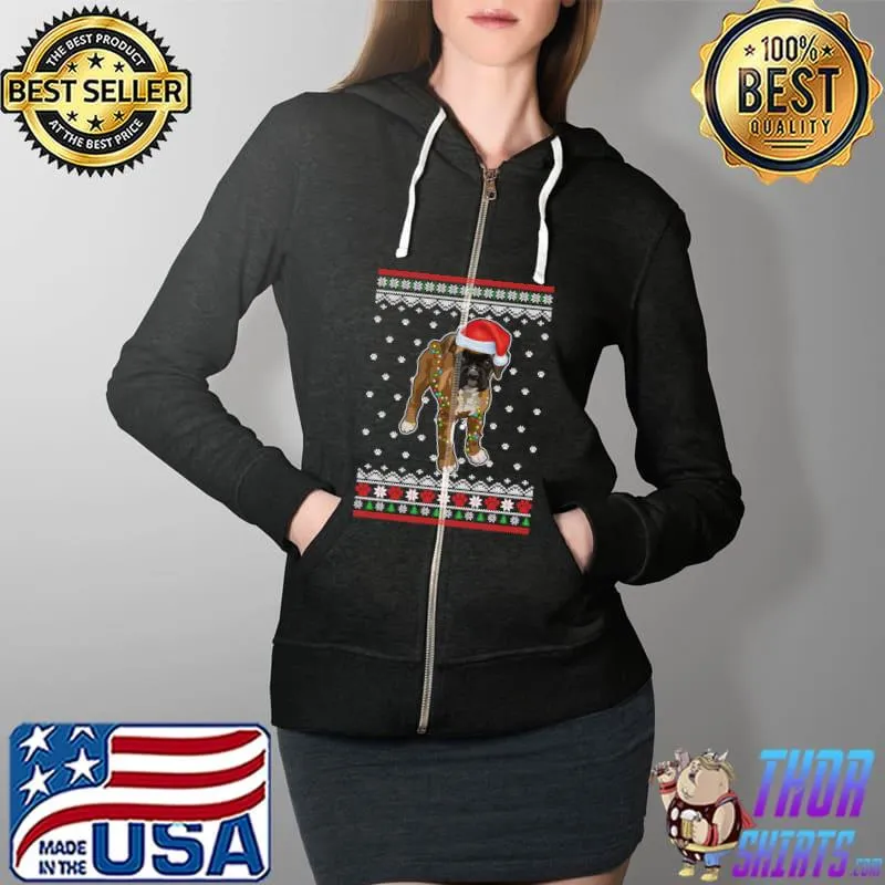 Funny boxer Christmas Ugly Sweater Lights Dog Xmas T-s Full Zip Hooded