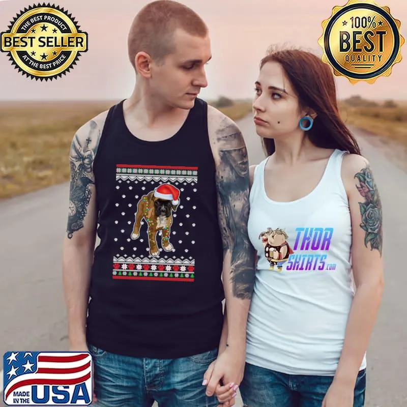 Funny boxer Christmas Ugly Sweater Lights Dog Xmas T-s Tank Top