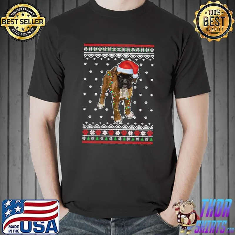 Funny boxer Christmas Ugly Sweater Lights Dog Xmas T-s Unisex