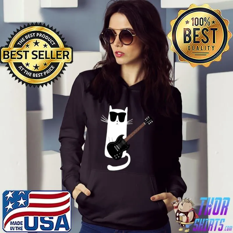 Funny Cat Wearing Sunglasses Playing Electric Guitar T-shirt