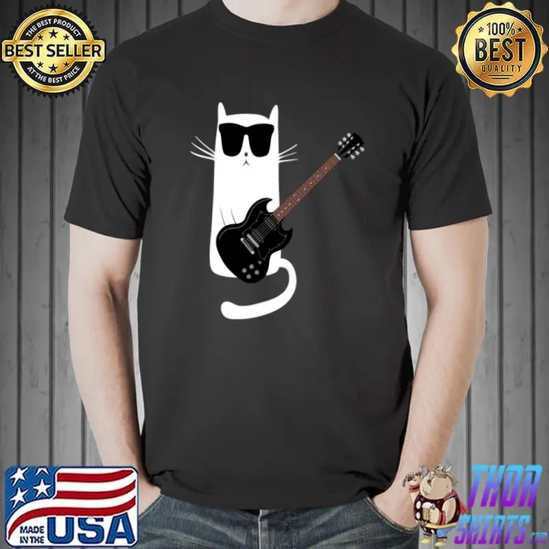 Funny Cat Wearing Sunglasses Playing Electric Guitar T-s Unisex