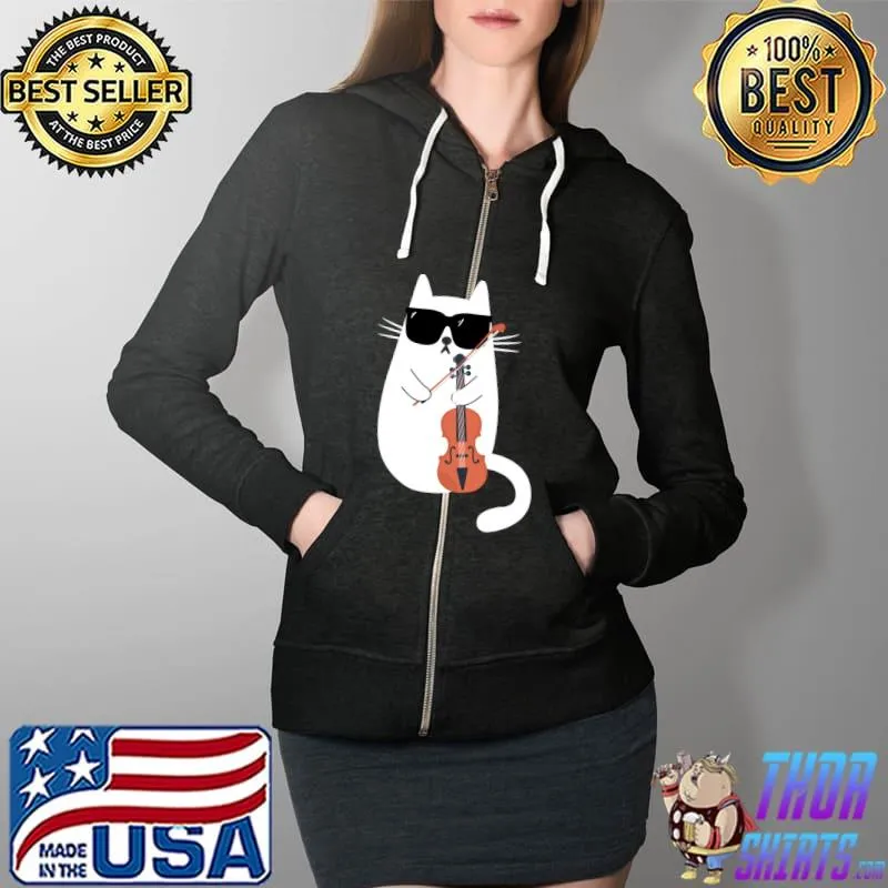 Funny Cat Wearing Sunglasses Playing Violin Viola Musician T-s Full Zip Hooded