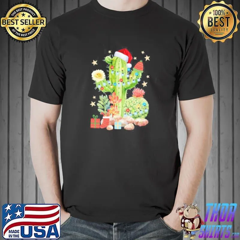 Funny Christmas Lights Cactus Lover Funny Xmas Cactus Gift T-Shirt Unisex
