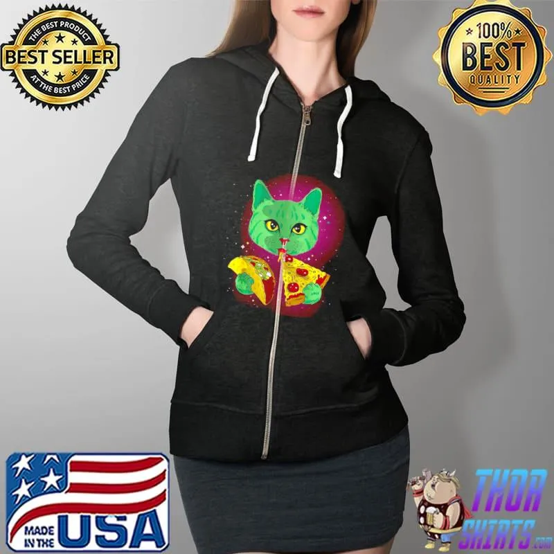 Funny Cosmic Cat Shirt With Pizza Slice And Taco Shirt Full Zip Hooded