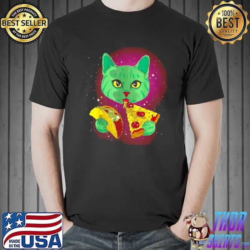 Funny Cosmic Cat Shirt With Pizza Slice And Taco Shirt Unisex