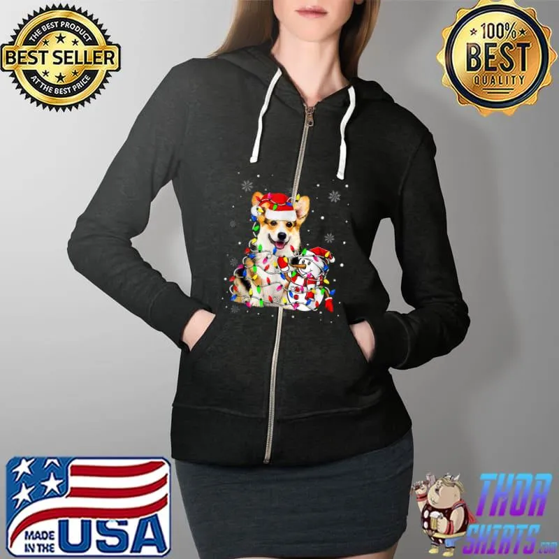 Funny Cute Corgi Santa Hat Christmas Light Xmas T Shirt Full Zip Hooded