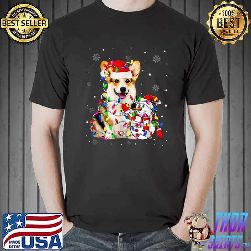 Funny Cute Corgi Santa Hat Christmas Light Xmas T Shirt Unisex