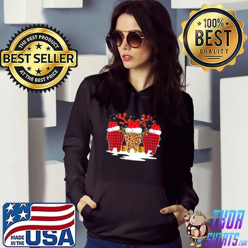 Funny Dentist Christmas Pajamas Leopard Tooth Reindeer Red Plaid T-Shirt