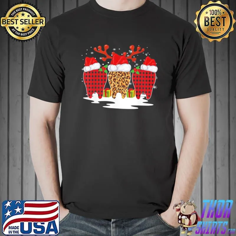 Funny Dentist Christmas Pajamas Leopard Tooth Reindeer Red Plaid T-Shirt Unisex