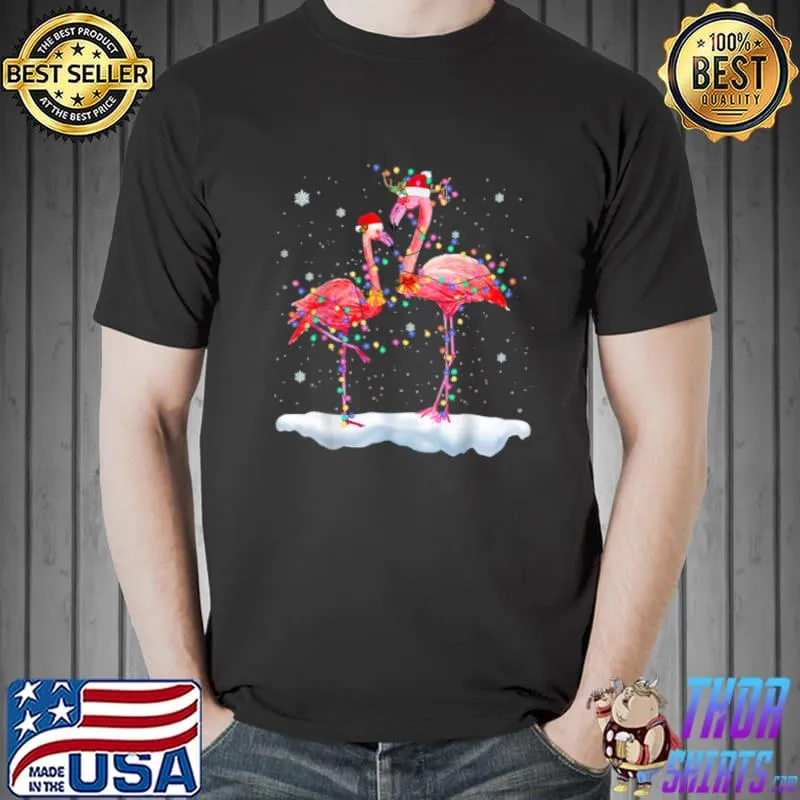 Funny Flamingo Christmas Tree Santa Hat Xmas Light Merry Christmas T Shirt Unisex