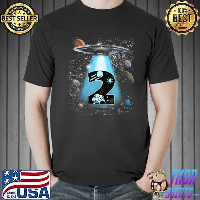 Funny Kids 2nd Birthday Shirt For Boys 2 Years Galaxy Spaceship UFO T Shirt Unisex