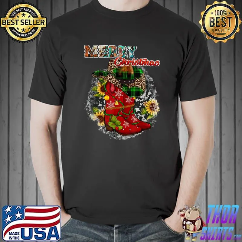 Funny Leopard Buffalo Plaid Christmas Lights Cowboy Boots Hat T-Shirt Unisex