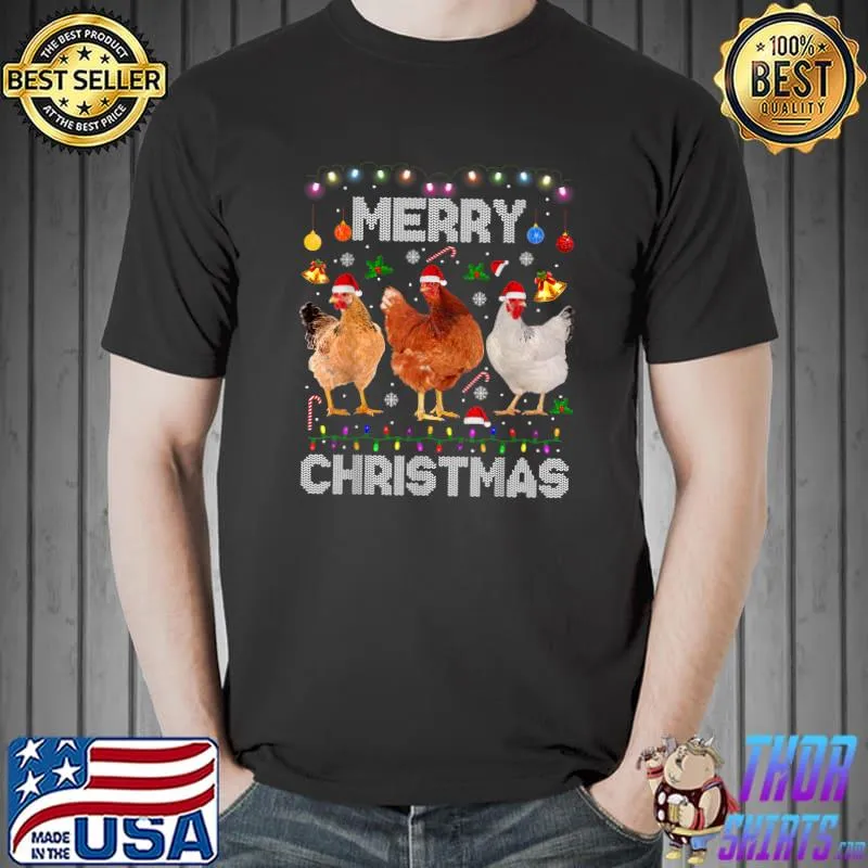 Funny Merry Christmas Chicken Shirt Santa Hat Lights Xmas Funny T-Shirt