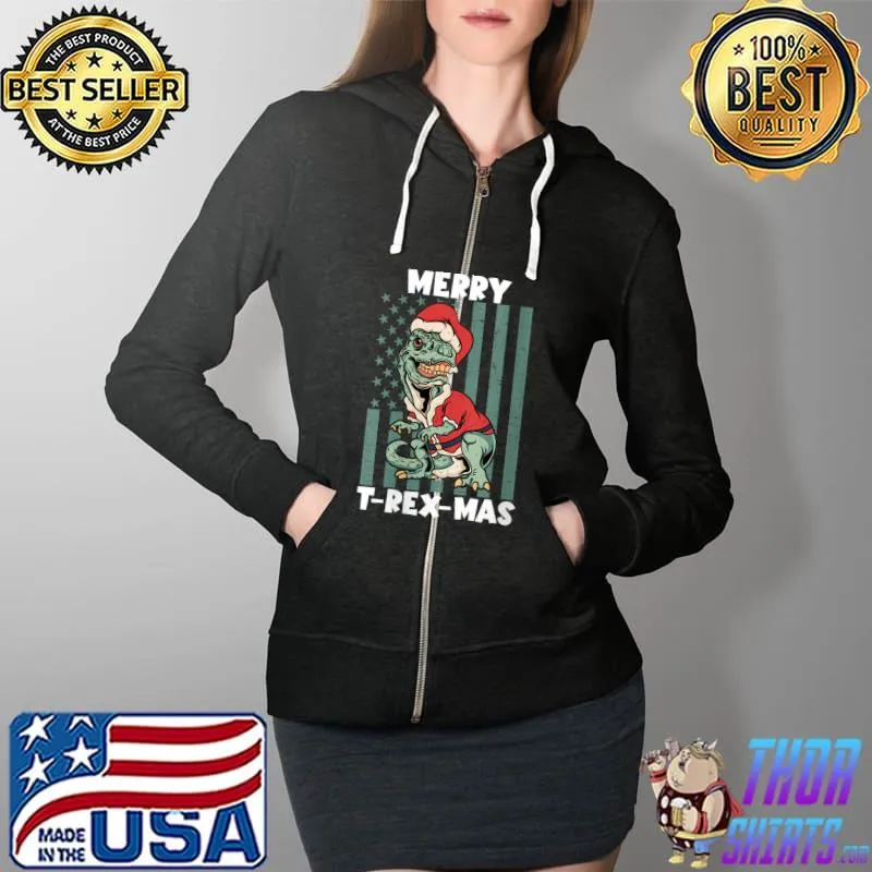 Funny merry T-Rex-Mas Santa T Rex Dinosaur Christmas American Flag T-Shirt Full Zip Hooded