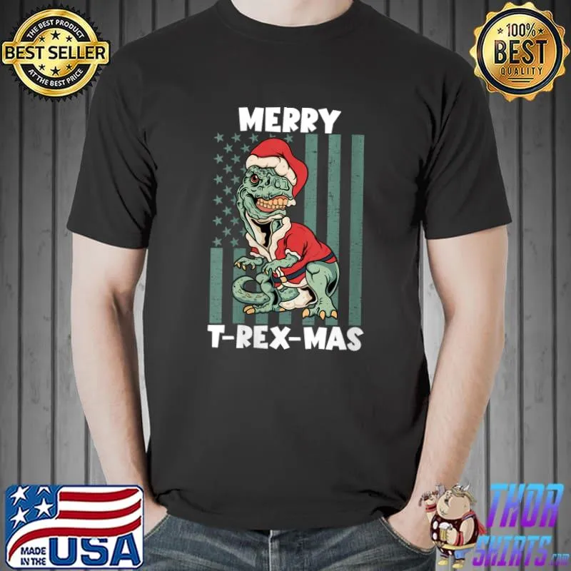 Funny merry T-Rex-Mas Santa T Rex Dinosaur Christmas American Flag T-Shirt Unisex