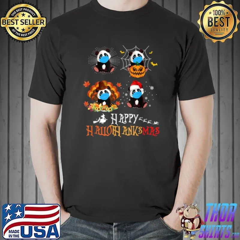 Funny Panda Happy Hallothanksmas Halloween Thanksgiving Christmas T Shirt Unisex