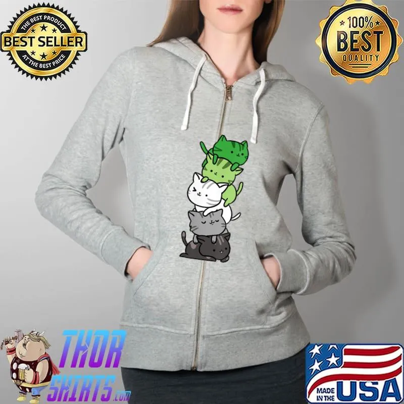 Kawaii Cat Pile Aromantic Pride Flag T-Shirt Full Zip Hooded