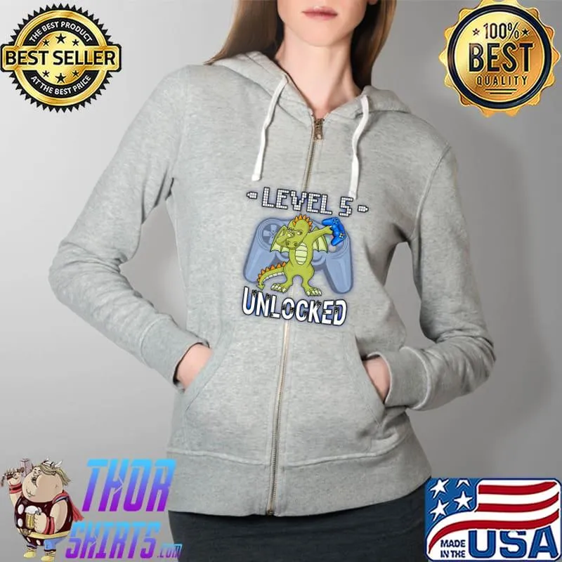 Kids Level 5 Unlocked - Funny Dabbing Dragon Gamer 5th Birthday Premium T-Shirt Full Zip Hooded