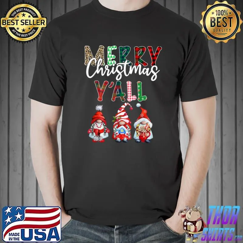 Merry Christmas Y'All Plaid Leopard Gnome Family Pajamas T-Shirt Unisex