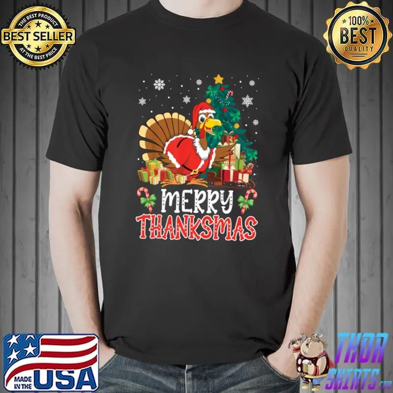 Merry Thanksmas Turkey Santa Christmas Tree Thanksgiving T-Shirt Unisex