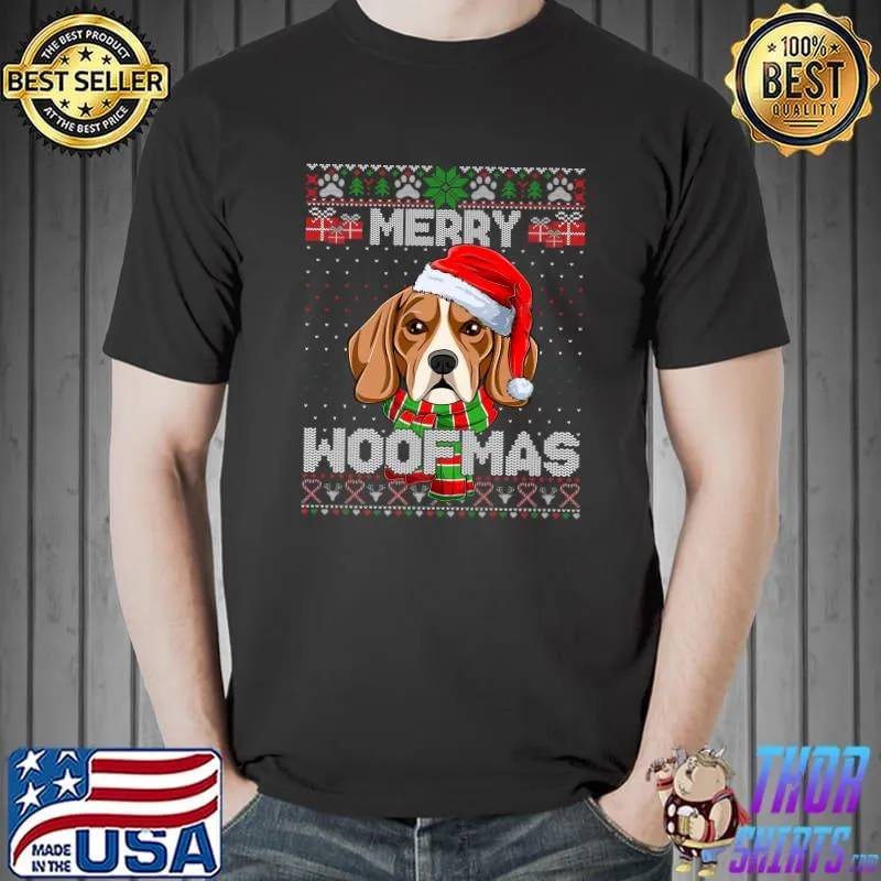 Merry Woofmas Beagle Dog Lover Santa Scarf Ugly Xmas Sweater Premium T-Shirt Unisex