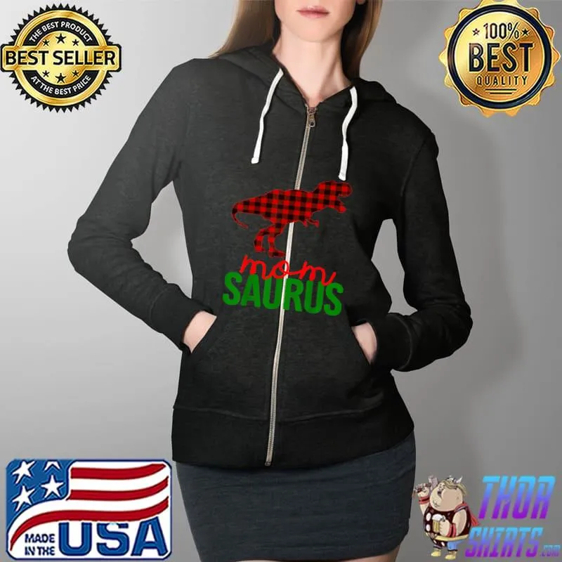 Mom Plaid Dinosaur Christmas Matching Family Pajama T Shirt Full Zip Hooded
