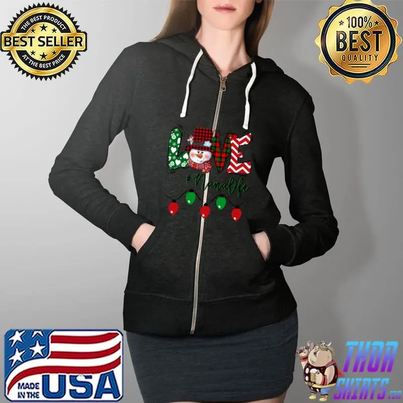 Nana Snowman Love Nana Life Christmas Light Red Plaid T-Shirt Full Zip Hooded
