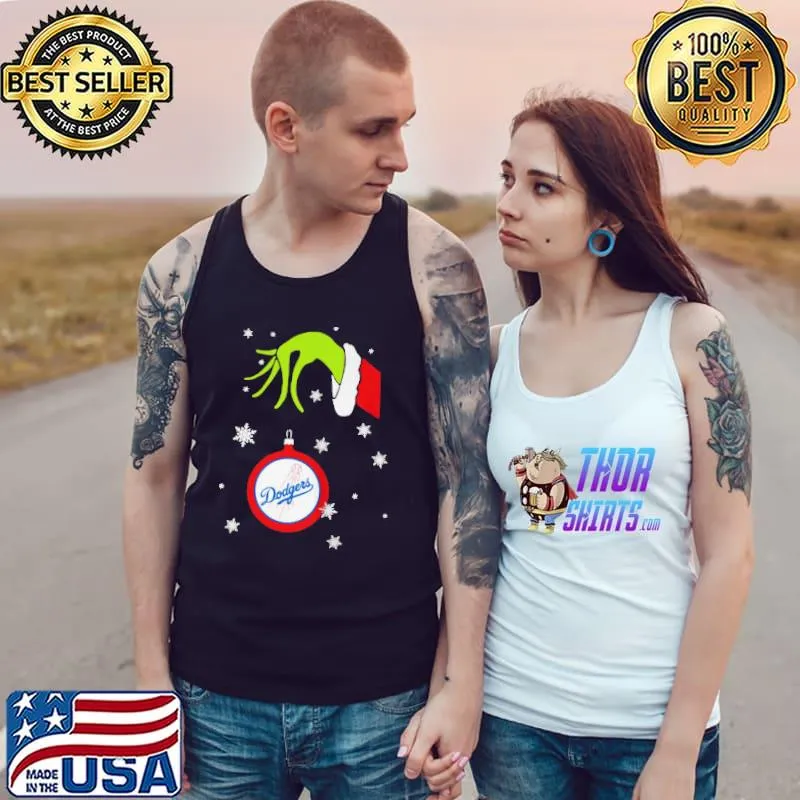Nice Grinch hand holding ornament los angeles Dodgers snowflake christmas Tank Top