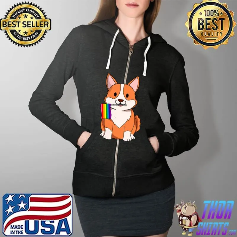 Nice lGBT Pride Cute Corgi Dog with rainbow flag Gay Lesbian love T-s Full Zip Hooded