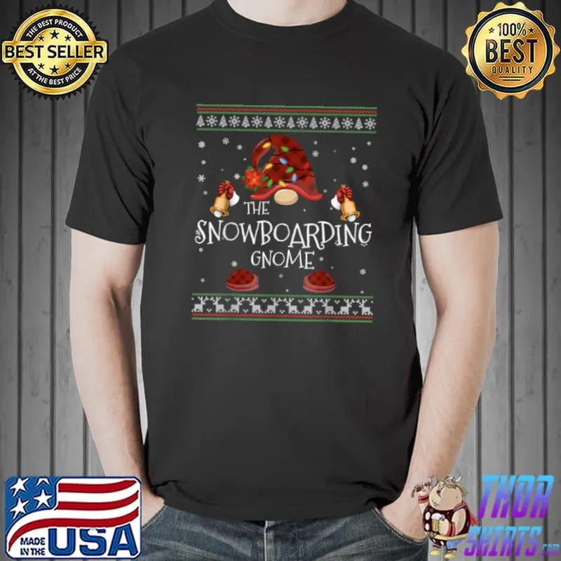 Nice mb Snowboarding Gnome Buffalo Plaid Christmas Light Ugly Sty T Shirt