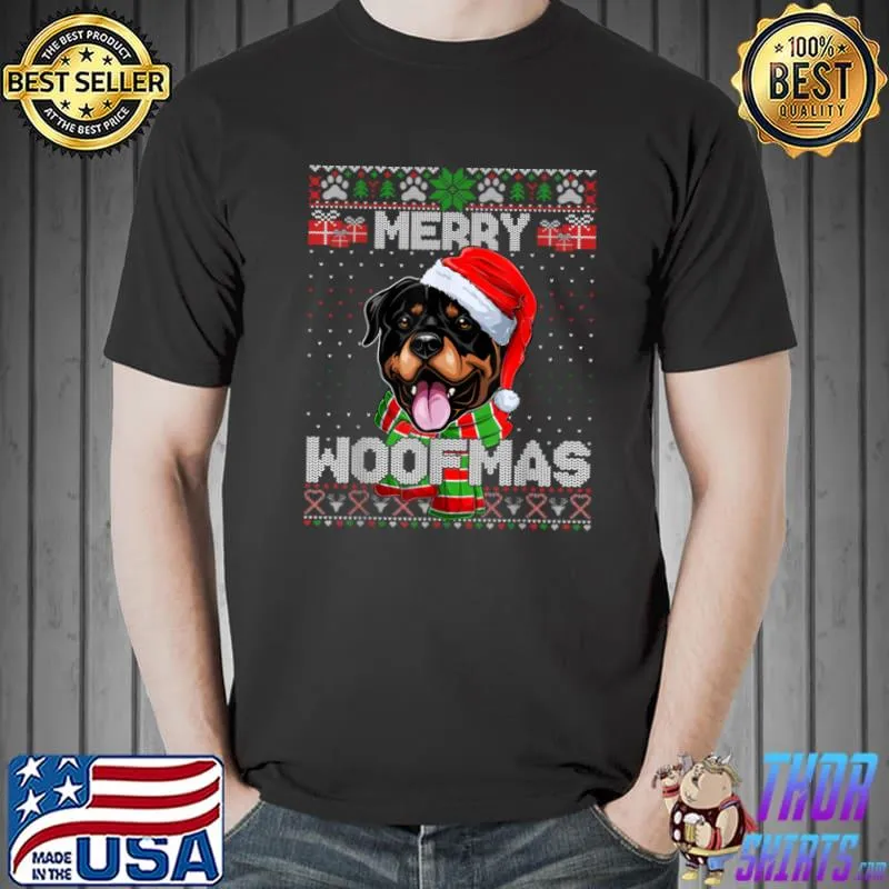 Nice Merry Woofmas Rottweiler Lover Santa Scarf Ugly Xmas Sweater T Shirt Unisex