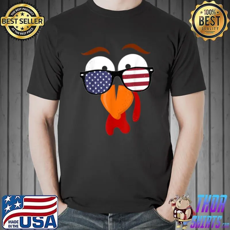 Nice Turkey Face Turkey Costume Kids Thanksgiving Flag Sunglasses T Shirt Unisex