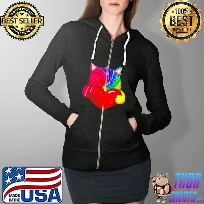 Official bunte Katze mit roten Herz Kunst Regenbogen Kater Pop Art Shirt Full Zip Hooded